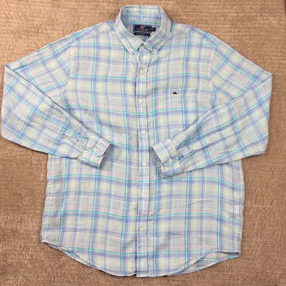 Vineyard Vines Mens Large Classic Fit Tucker Shirt Blue Green Plaid 100% Linen